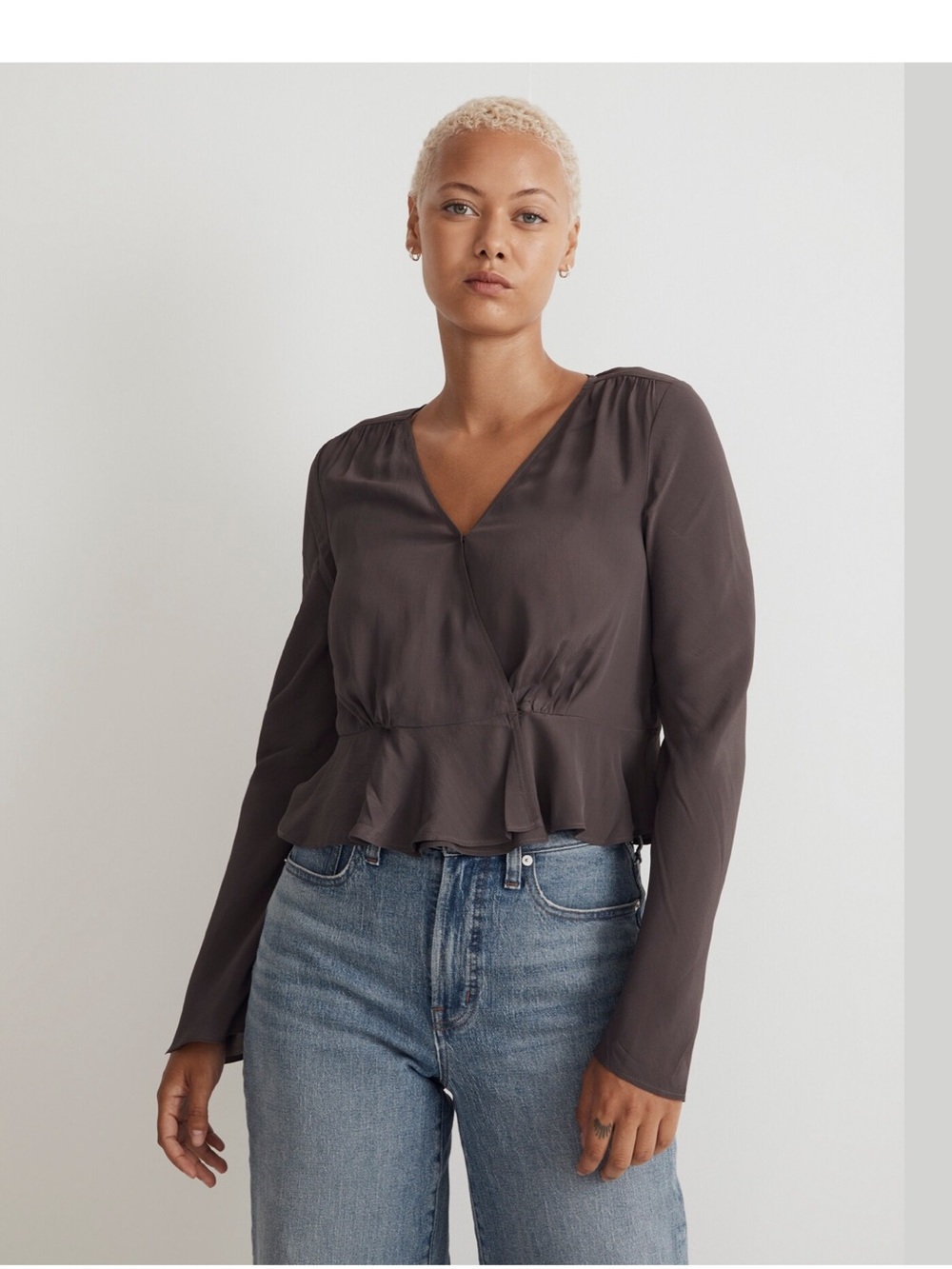 Madewell V-Neck Long Sleeve Peplum Top in Dark Brown-Taupe